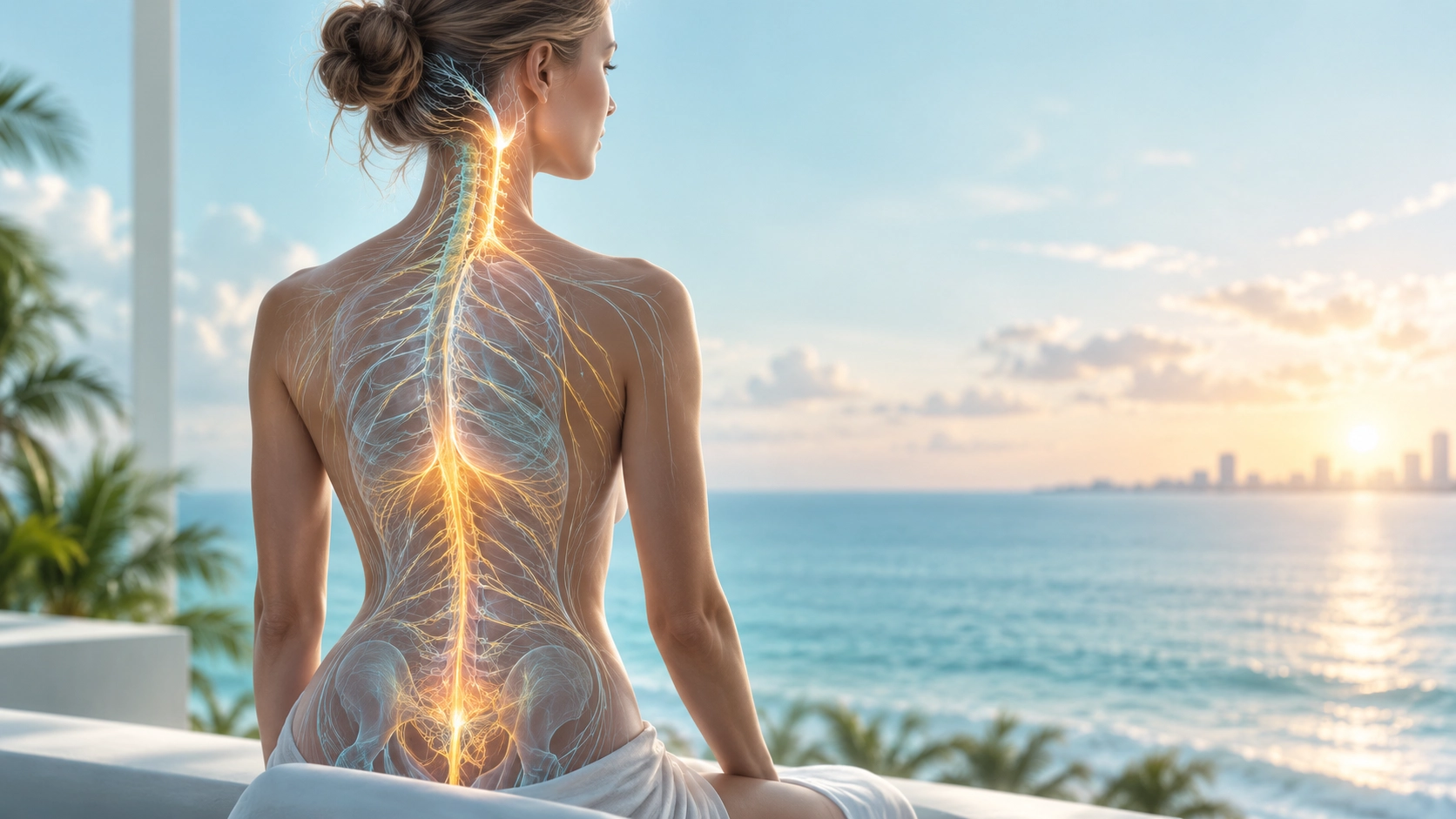 Woman with glowing spine by the ocean.
